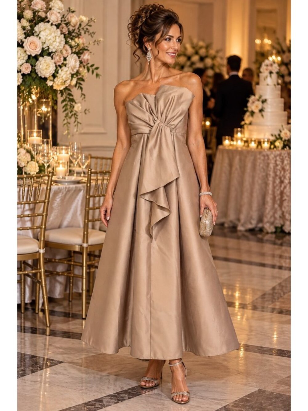 Adrianna Papell Size 10 Champagne Mikado Satin Formal Gown Bow Strapless GUC